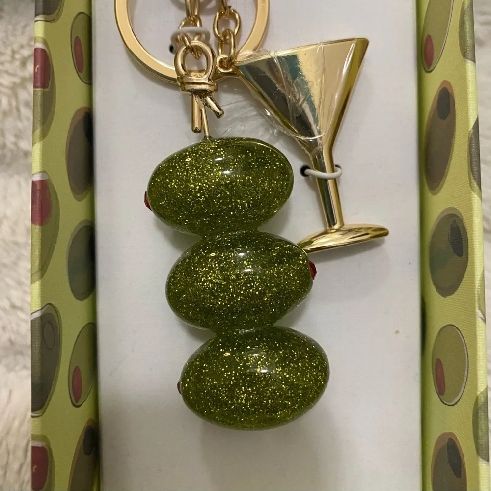 Gold and Green Martini and Glass Stones Olives Keychain Purse Charm